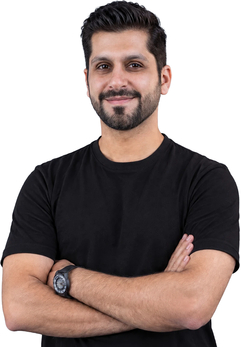 Hamed Moradi, arms crossed, in a black t-shirt