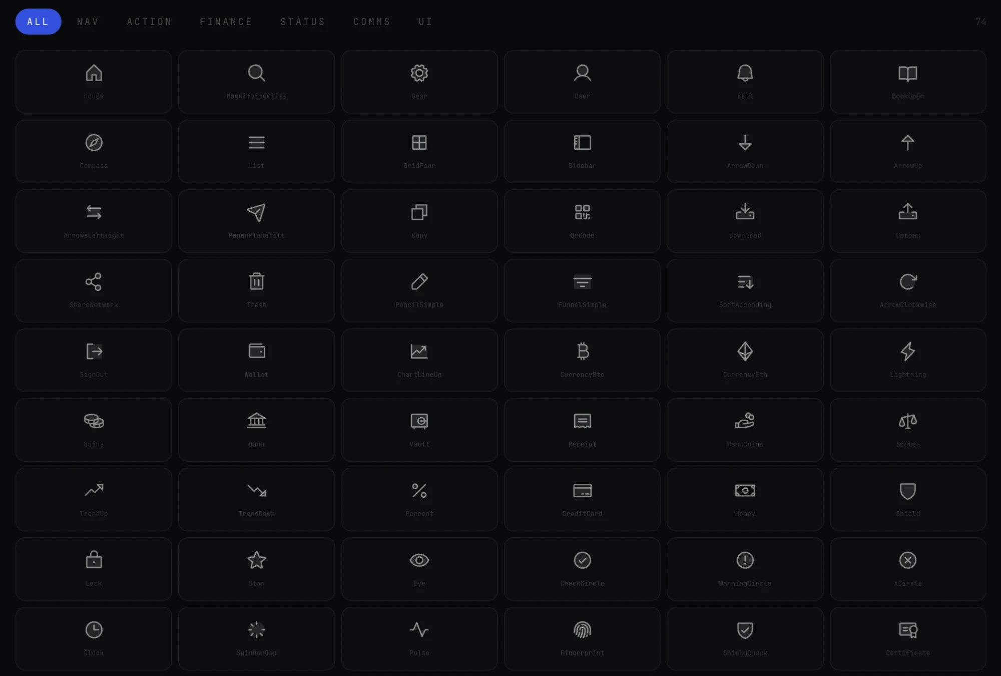 Icons: 74 Phosphor icons, sorted into six groups
